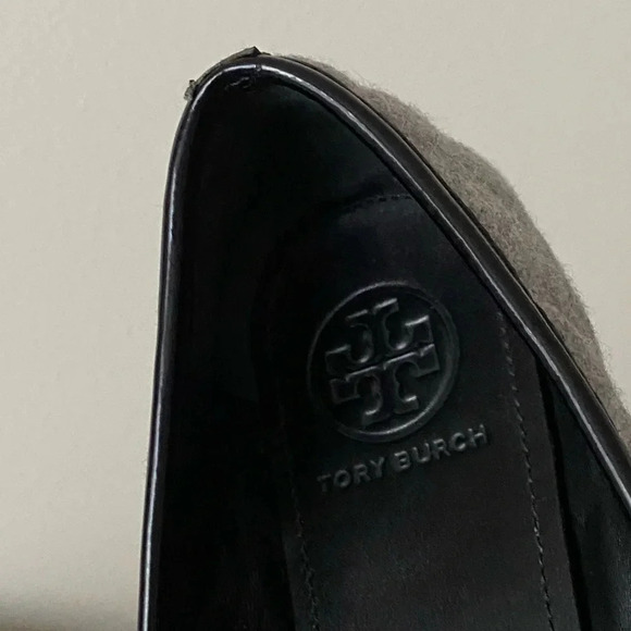 Tory Burch Skylar Slip-On Bow Ballet Grey Quilted Wool Patent Black Leather Shoe - Picture 4 of 9